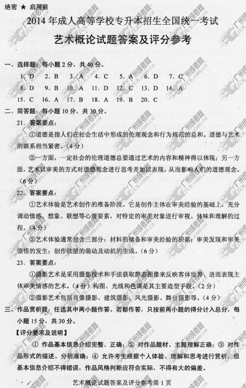 广东省成人高考2014年统一考试专升本艺术概论真(图1) 广东省成人高考2014年统一考试专升本艺术概论真题B卷参考答案