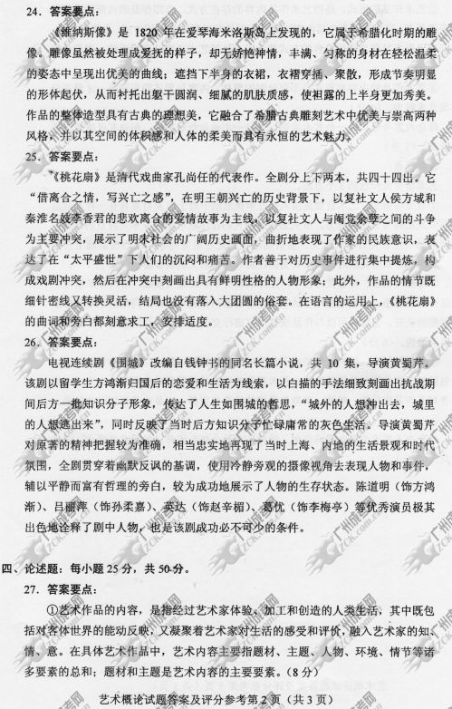 广东省成人高考2014年统一考试专升本艺术概论真(图2) 广东省成人高考2014年统一考试专升本艺术概论真题B卷参考答案