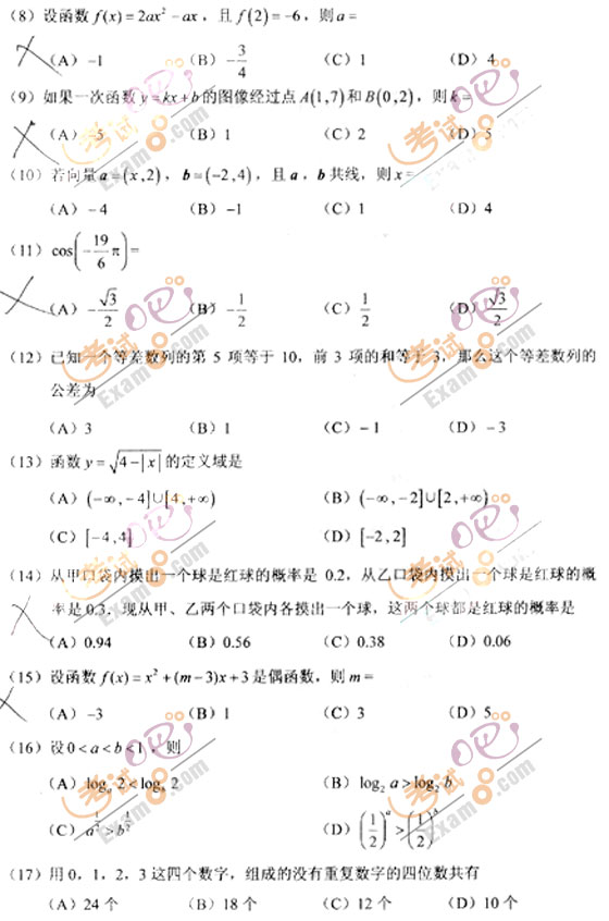 2010成人高考高起点数学(文)试题及答案(图2)