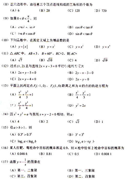 2009年成人高考数学试题及答案(高起点文史类)