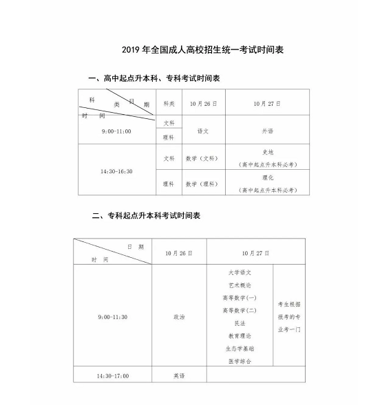 2019年韶关成考考试时间